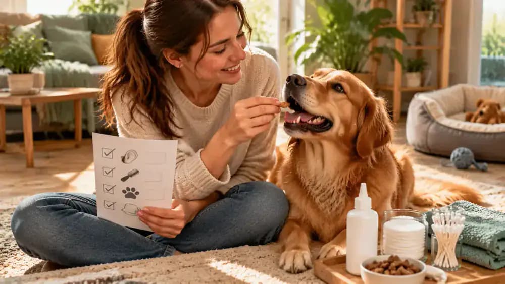 Owner rewarding a relaxed dog with a small treat beside a simple ear-care checklist reminding owners to inspect first, clean gently when appropriate, and contact a veterinarian for warning signs.