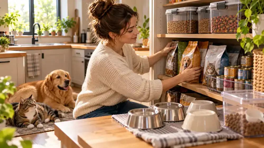 Owner checking dates on neatly arranged pet food packages in a bright kitchen, with clean bowls drying on a rack, refrigerated wet food containers, sealed kibble storage, and relaxed pets nearby.