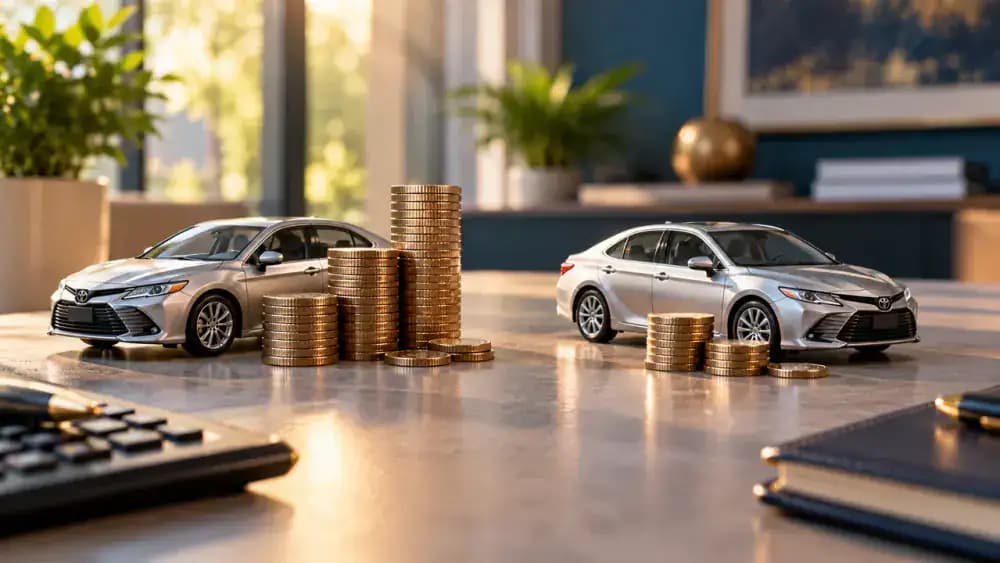 Two identical miniature cars beside unequal coin stacks showing the financial effect of different interest rates.