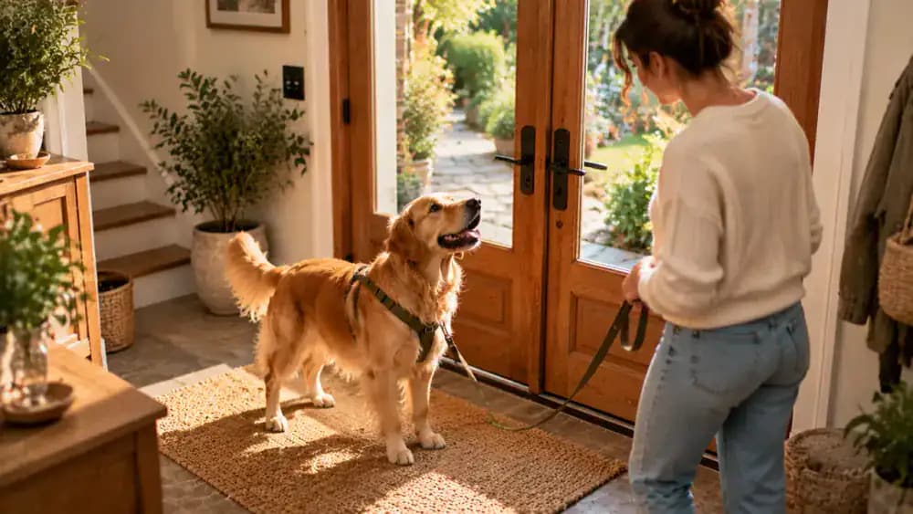 A dog practices waiting at different interior doorways before standing on a leash behind a secure exterior threshold beside its owner.