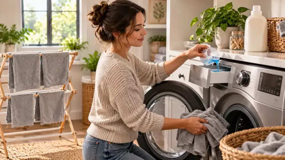 Used microfiber cleaning cloths being washed with a small amount of detergent while fabric softener is left unused, followed by clean cloths drying on a rack and stored in a clean bin.