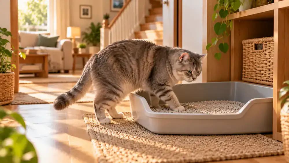 Kitten entering a shallow litter tray near its play area, senior cat using a low-entry box, and a two-story home layout showing accessible litter boxes on both floors.