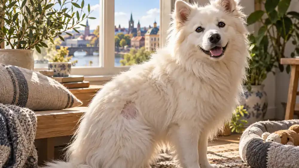 White fluffy dog near a window with a small area of thinning fur on its side