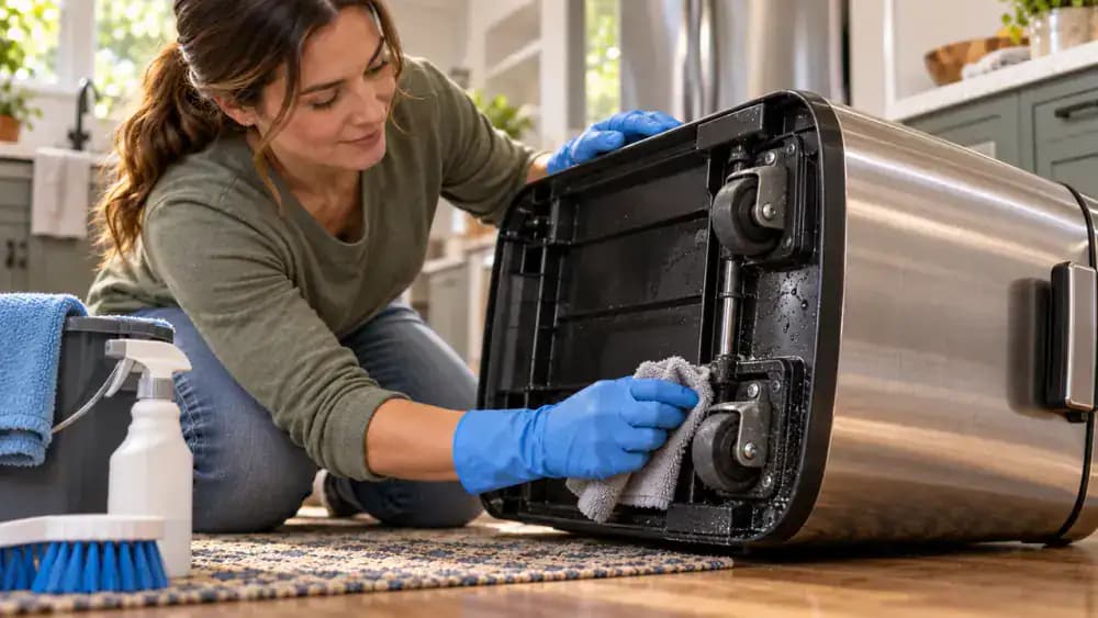 Gloved person cleaning trash can wheel assemblies, mounting points, underside edges, and narrow lower seams with a small brush and damp cloth.