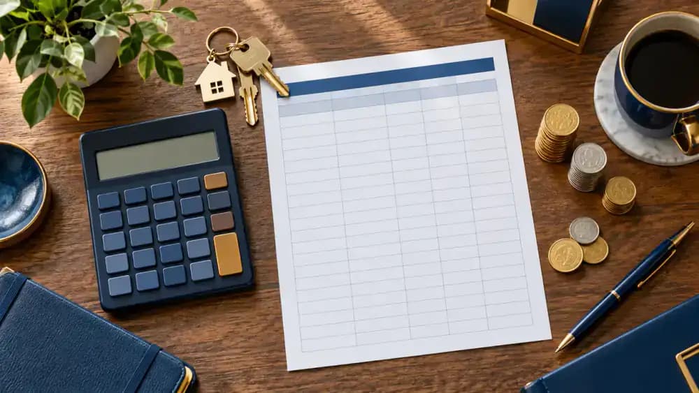 Calculator, keys, blank spreadsheet, and carefully arranged coins on a wooden desk.