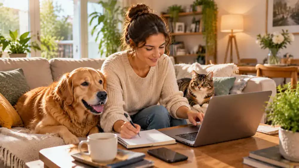A pet owner checks an updated microchip registration on a laptop, files the paperwork in a labeled folder, and adds a review reminder to a calendar while a dog and cat relax nearby.