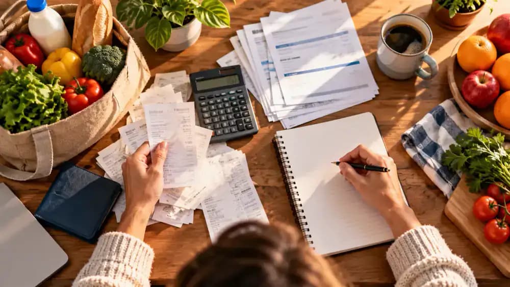 Overhead arrangement of household bills, groceries, calculator, and notebook.