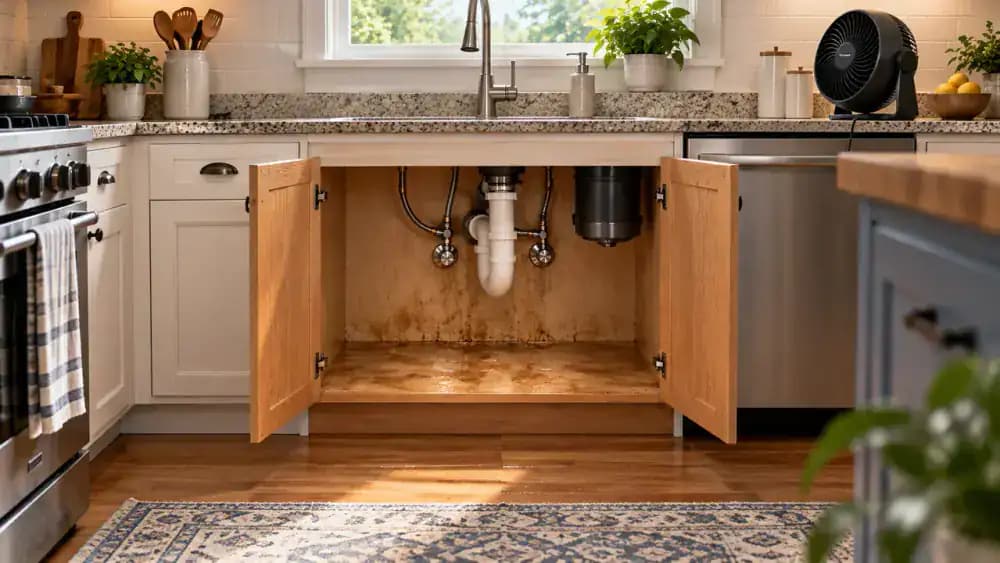 Empty under-sink kitchen cabinet with both doors open, exposed cabinet floor, and visible plumbing. A gloved person adjusts a small portable fan on a dry countertop several feet away to direct airflow toward the cabinet's rear corners without placing electrical equipment inside.