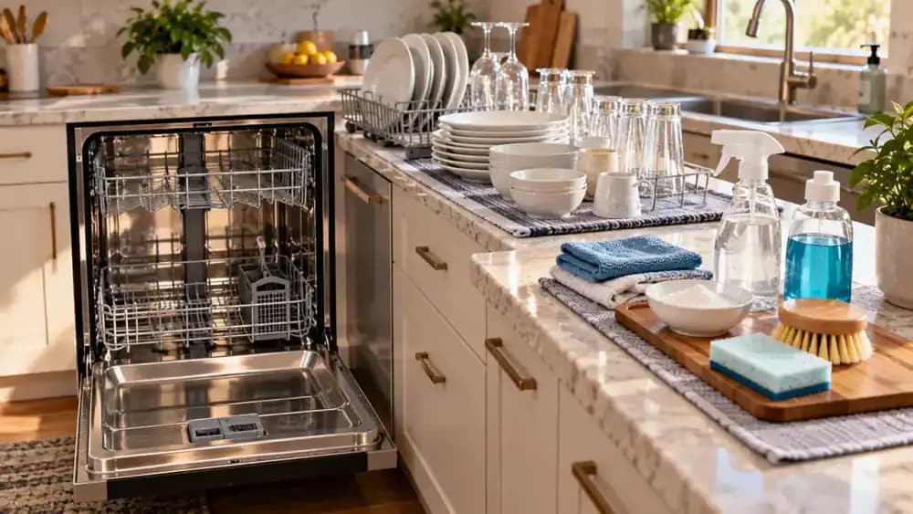 Person preparing an empty stainless steel dishwasher for descaling, with dishes placed on a wooden drying rack, a waterproof mat protecting the nearby natural stone countertop, and cleaning supplies arranged beside a closed dishwasher descaler container.