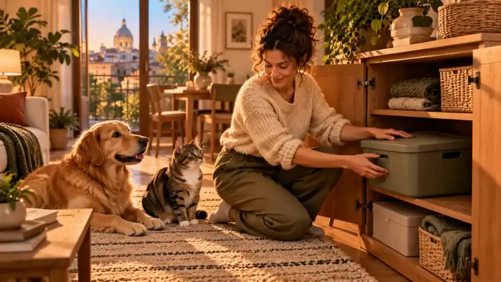 Pet owner closing a lidded container of stored toys inside a cabinet