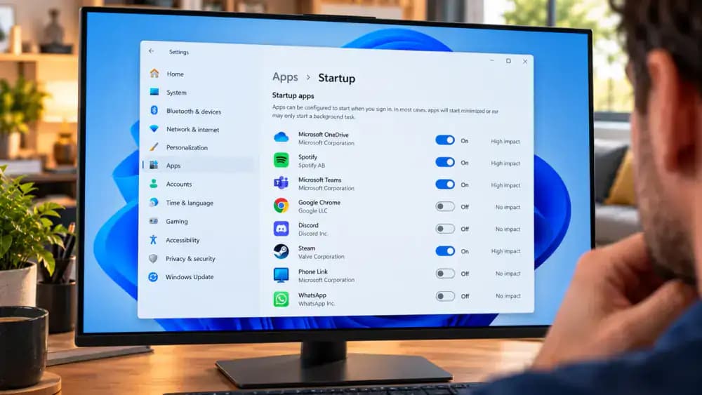 Windows 11 Settings window open to Apps > Startup, showing a list of startup applications with On and Off switches and available startup impact information.