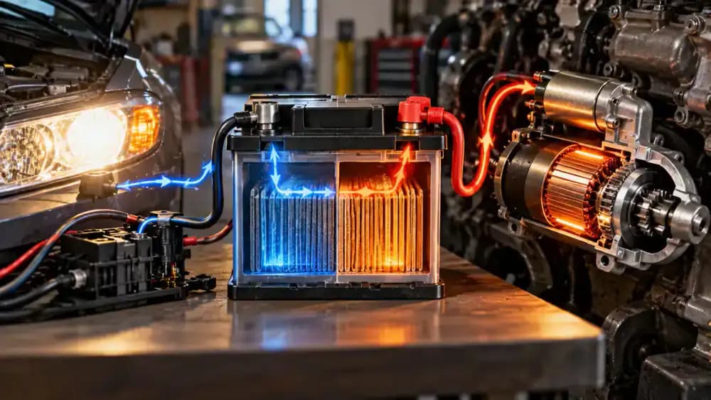 Technical educational illustration of a 12-volt car battery supplying headlights and interior lights while a starter motor requires substantially more electrical current.