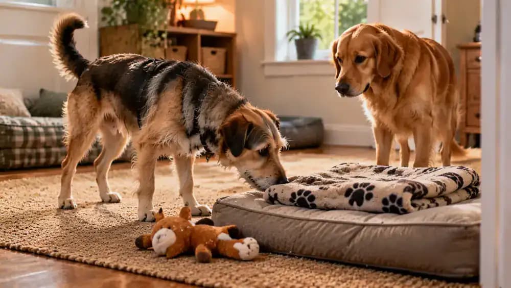 Newly adopted dog voluntarily sniffing the resident dog's blanket in a separate room, while the resident dog independently explores the newcomer's bedding behind a closed door.