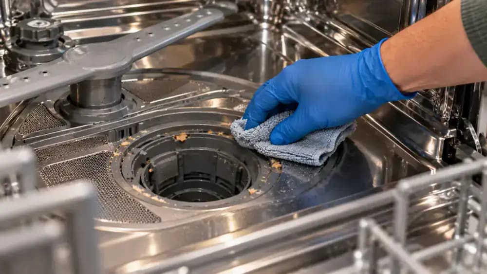Gloved adult wiping the circular dishwasher sump lip and surrounding stainless steel floor with a damp microfiber cloth while the clean filter sits nearby.