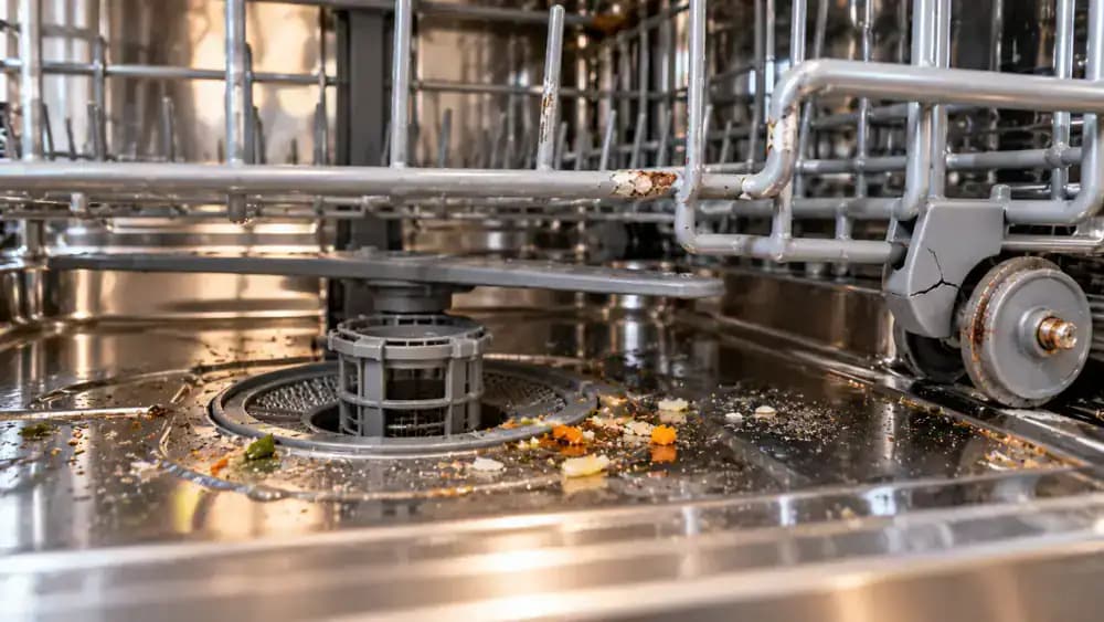 Low-angle view inside an empty stainless steel dishwasher showing a gloved hand removing loose food particles near the filter cover, with close-up details of damaged rack coating, cracked plastic, and a small corrosion spot on a metal component.