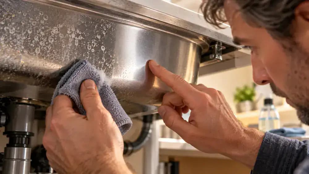 Close-up of a homeowner testing stainless steel mineral remover on a small hidden area beneath the kitchen sink rim using a white microfiber cloth, then checking the dried surface with a handheld flashlight.