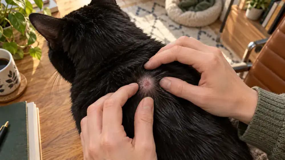 Owner gently parting a black cat's short fur to reveal the skin beneath