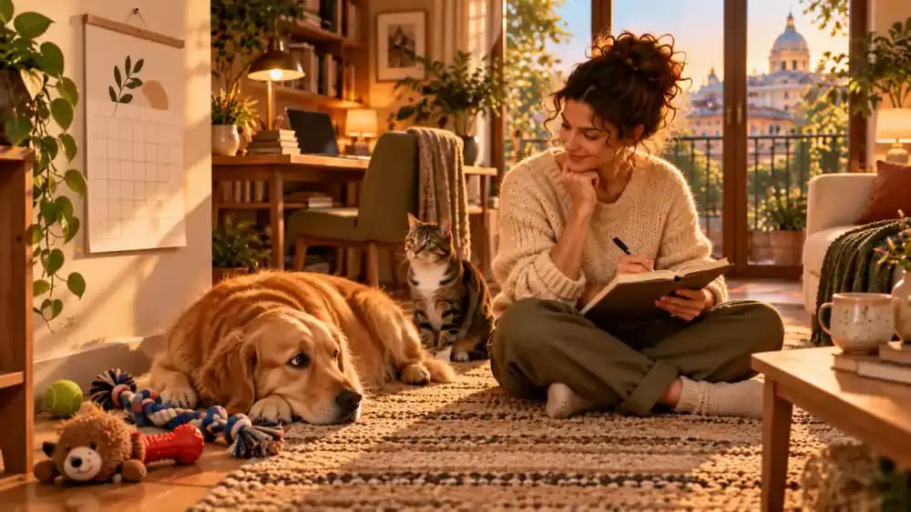 Owner observing a dog ignoring toys beside a household calendar