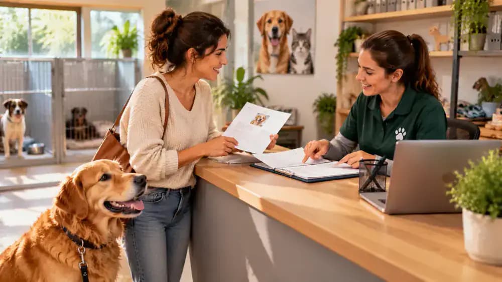 A new pet owner presents adoption paperwork at an animal shelter while a staff member compares the documents with a sample microchip record showing previous and current keeper details.