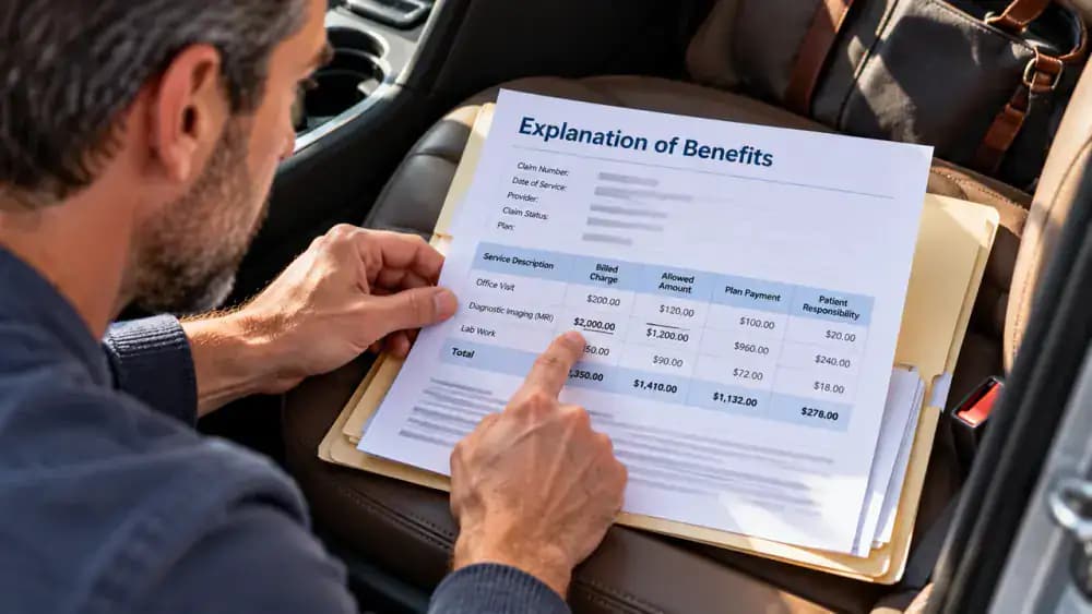 Adult seated in a parked car comparing the Billed Charge of $2,000 and Allowed Amount of $1,200 on a fictional Explanation of Benefits, with a handwritten note to ask the insurer about the calculation.