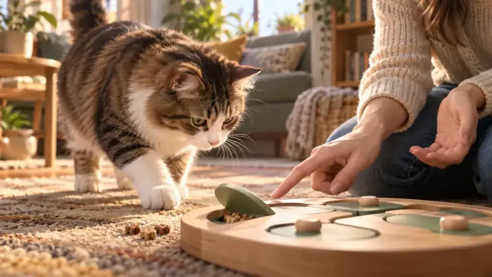 Cat approaching a feeder while owner keeps hands away