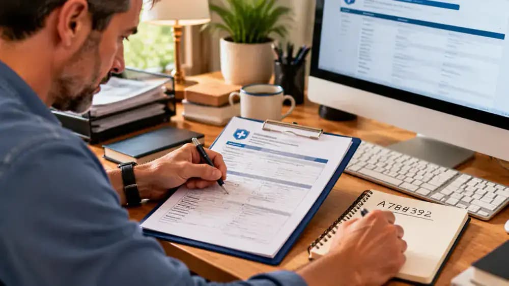 Patient completing a fictional medical records request form on a desktop computer, reviewing the requested documents and receiving office, then recording a sample confirmation number in a tracking sheet marked pending.