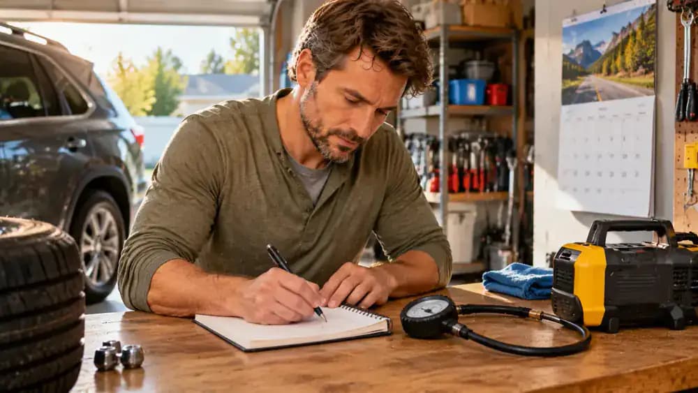 Driver recording tire pressure maintenance notes in a notebook at a garage workbench beside a parked SUV, with a tire pressure gauge, owner's manual, and wall calendar nearby.