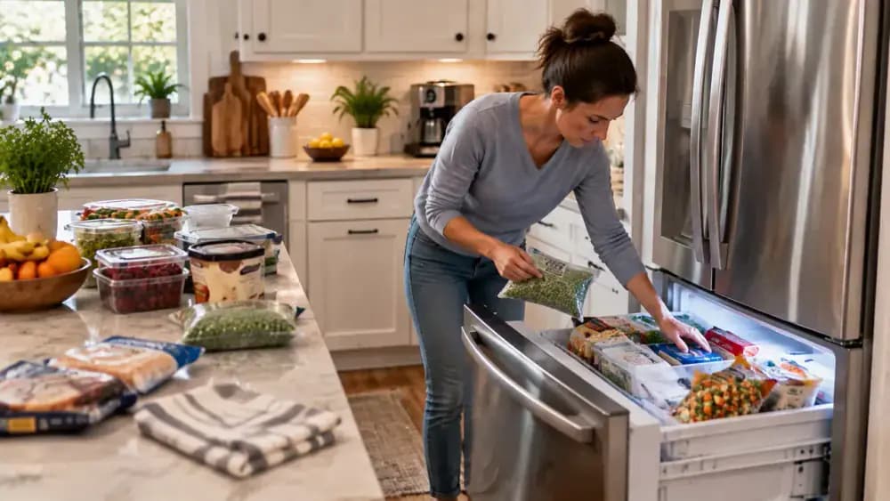Person cleaning the lower refrigerator shelf zone while moving nearby food items onto a clean kitchen counter