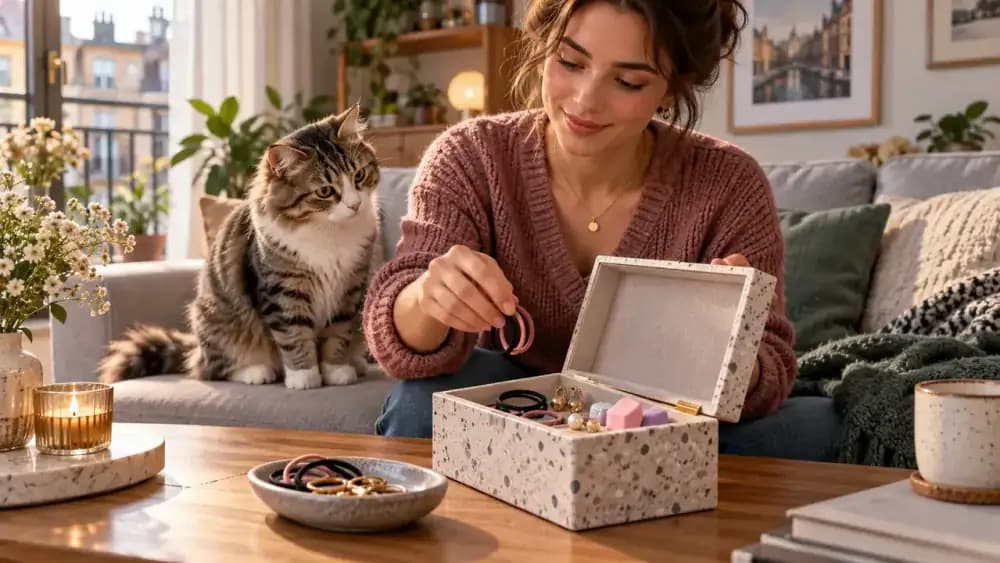Owner placing hair ties, rubber bands, earrings, and small foam pieces into a lidded storage container