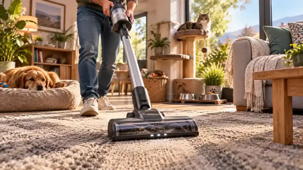 Vacuum cleaning a rug between a pet bed, feeding area, window, and sofa