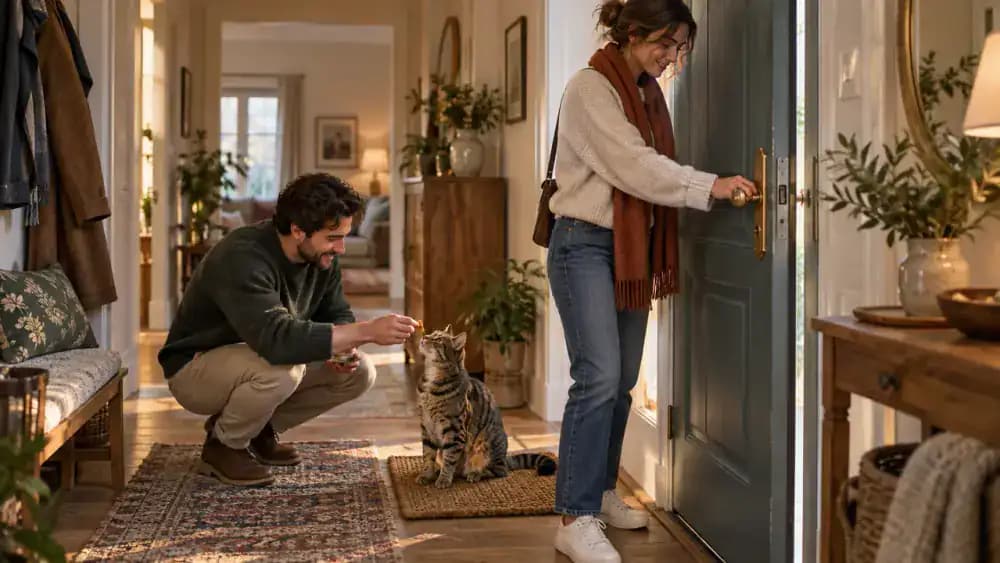 Close view of a woman's hand gently turning a brass front door handle without opening it while a striped tabby waits on a mat and receives a treat from another household member.
