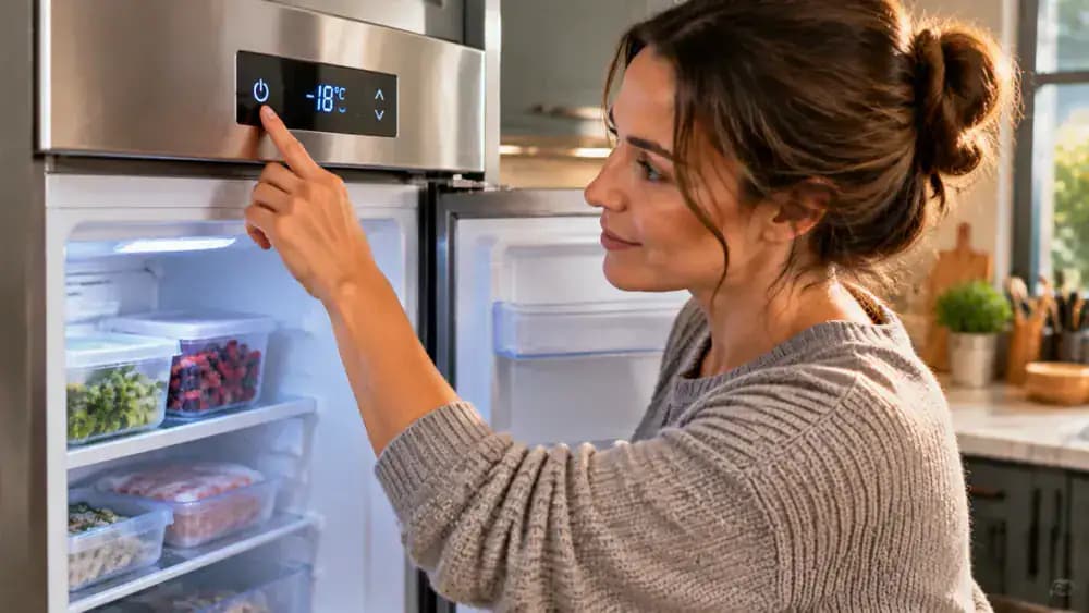 Homeowner turning the freezer control panel back on after drying and checking that cooling operation resumes
