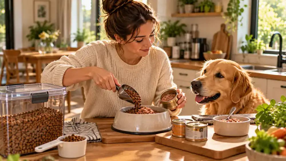Owner combining measured dry kibble and a small portion of wet dog food in a stainless steel bowl on a modern kitchen island while a Golden Retriever waits patiently nearby.