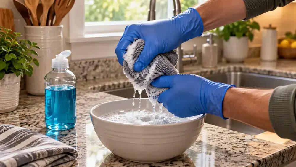 Blue-gloved hands mixing three drops of mild dish soap into a bowl of warm water with a microfiber cloth on a dry countertop beside an open under-sink cabinet, with a printed cabinet care guide nearby.