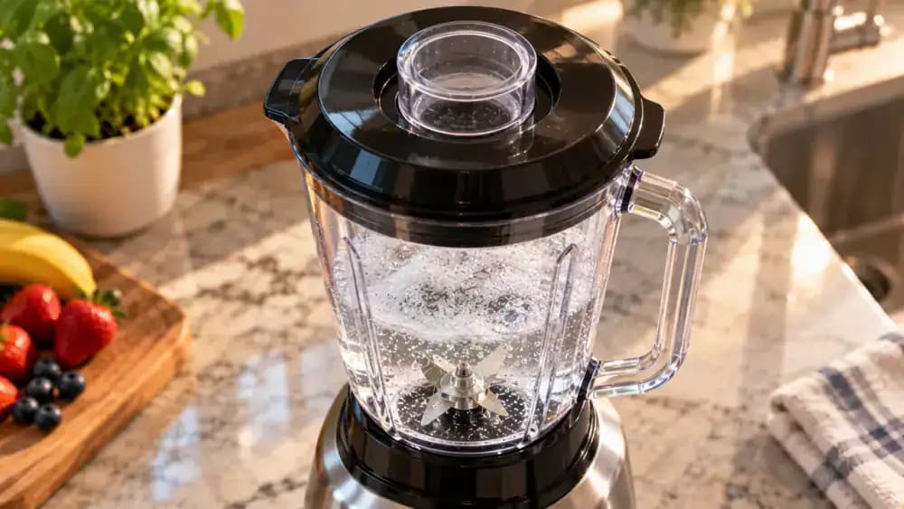 Close-up of adult hands securing a black blender lid and removable center cap onto a transparent jar containing warm soapy water, with the liquid level below the manufacturer's cleaning fill limit on a cream quartz countertop.