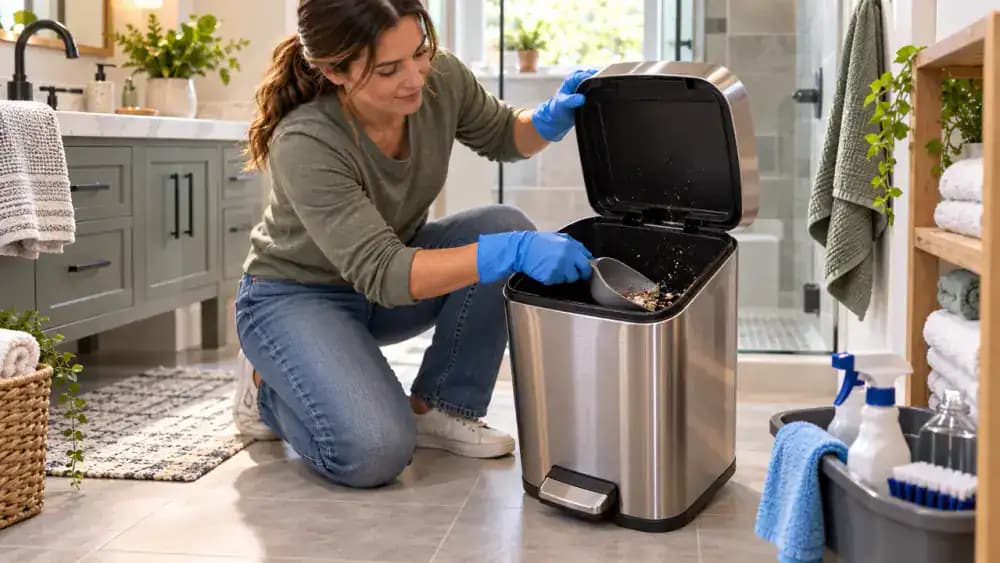 Gloved person placing an empty kitchen trash can upright in a bathtub with the lid open while removing loose debris with a handheld scoop.