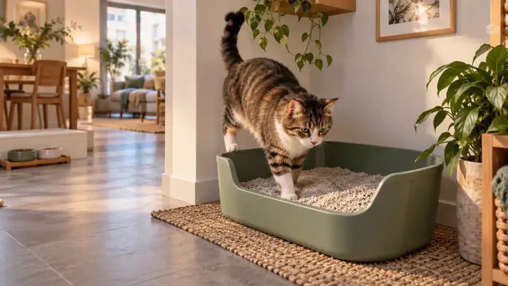 Large litter box in a quiet private corner of a starter room