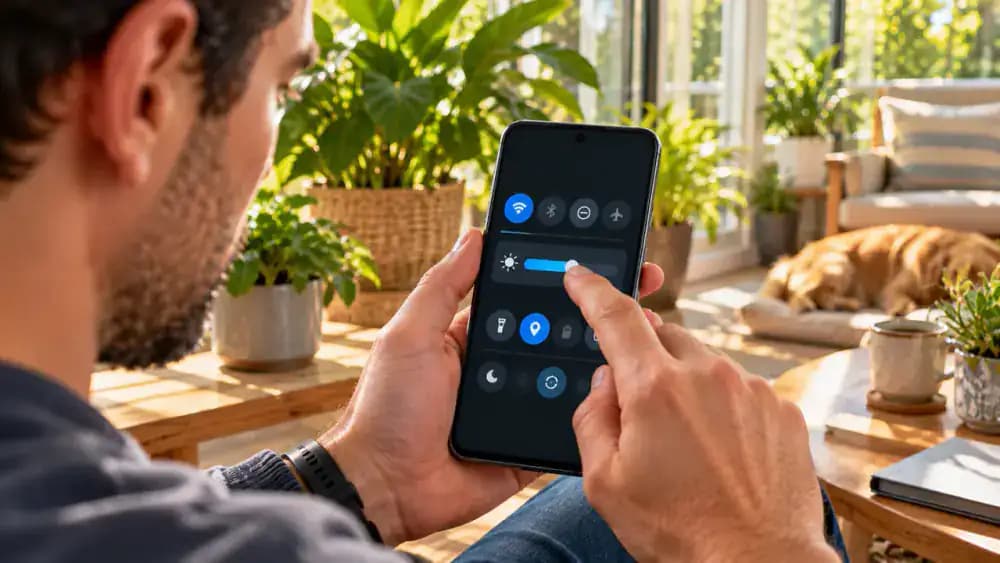 Android smartphone on a wooden stand in a sunlit room showing Display settings as a finger lowers the brightness slider from a high level to a comfortable middle position and enables Adaptive brightness.