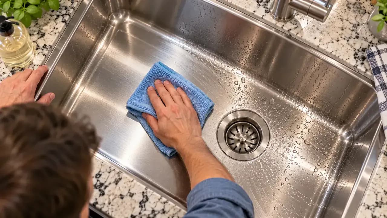 Top-down view of a clean stainless steel sink as an adult homeowner dries water droplets with a microfiber towel, wiping with the grain from the basin walls toward the drain.
