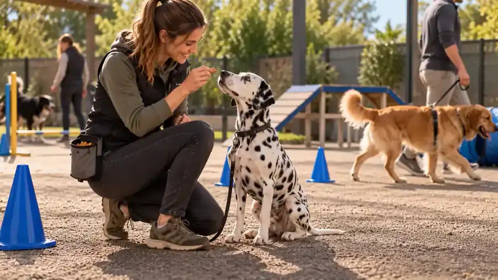 Dalmatian practicing sit with its owner in a bright indoor training facility, with two reward containers on the owner's belt and another dog passing in the background.