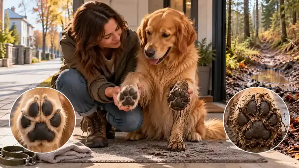 Golden retriever shown with clean paws after a dry city walk and muddy paws after a wet woodland walk, while the owner examines them at a covered porch.