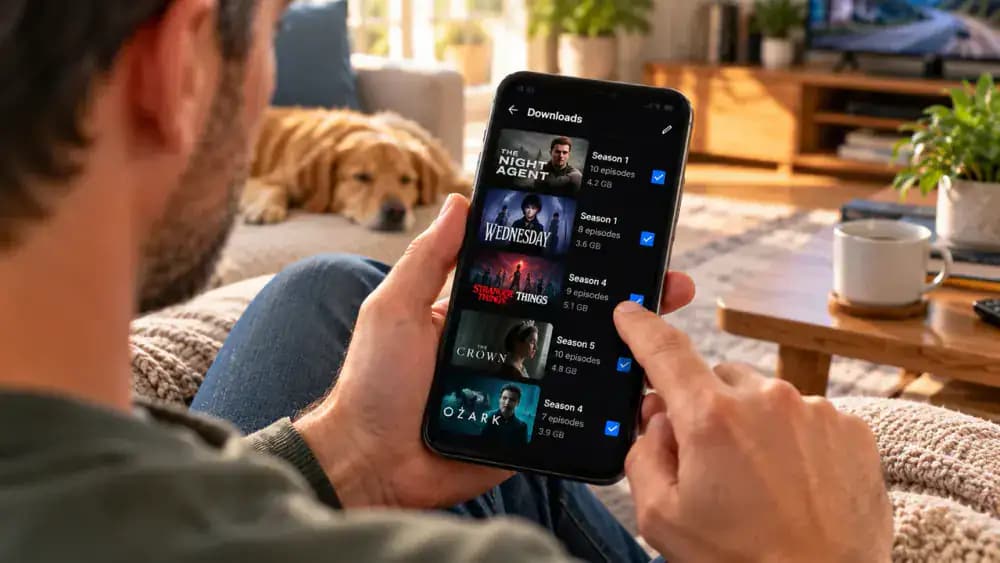 Adult using a smartphone in a comfortable living room to select a previously watched Netflix episode and remove its downloaded copy from the Downloads section.