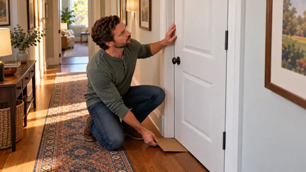 Close-up of a homeowner inspecting humidity-related swelling on a white painted wooden interior door in an American home hallway, using a flashlight to illuminate raised paint, a slightly swollen upper corner, and narrow clearance near the door jamb.