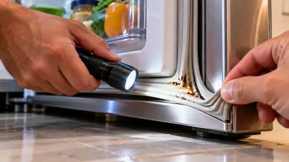 Macro close-up of the bottom right refrigerator door gasket corner with a fingertip gently holding open the gray rubber fold while a handheld flashlight illuminates bread crumbs and dried food particles trapped inside the narrow channel.
