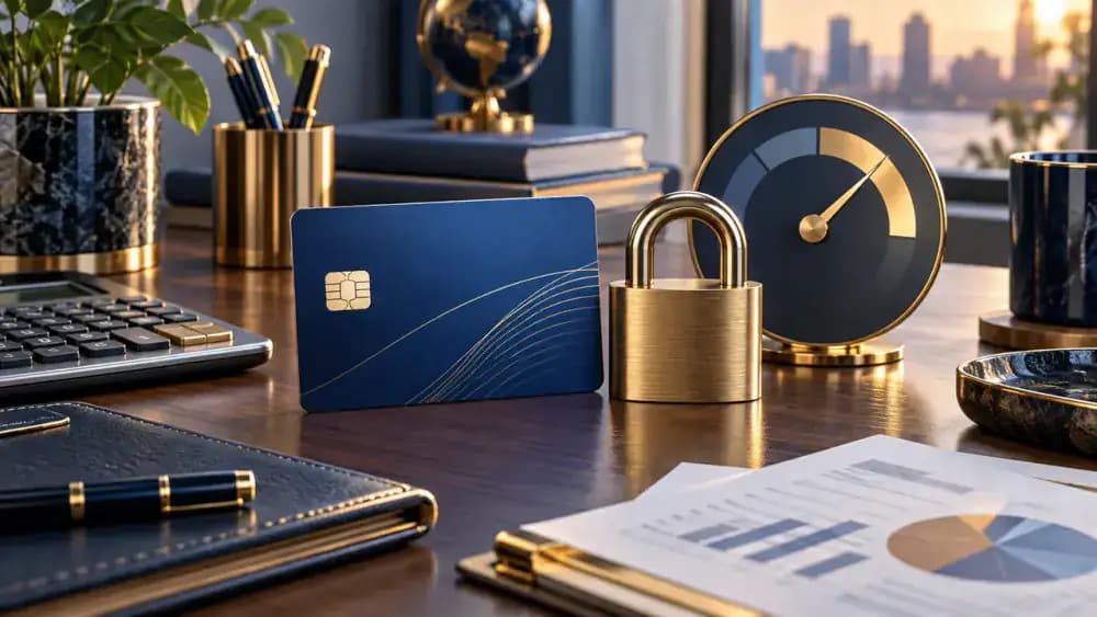 Closed credit card beside a secured padlock and an abstract fluctuating credit gauge.