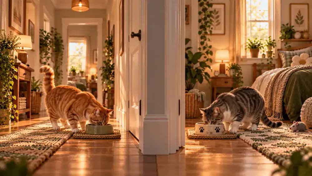 Milo and Luna eat separate meals several feet from opposite sides of a closed bedroom door