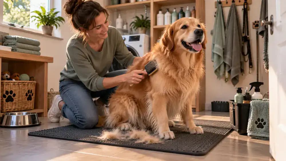 Owner gently brushing loose fur from a fluffy dog standing on a dry grooming mat in a utility room.
