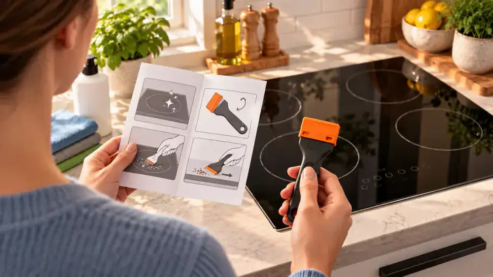 Person comparing a covered specialty cooktop scraper with diagrams in an open appliance instruction manual on a wooden kitchen countertop, with stubborn dried tomato sauce visible on the back-left burner of a cooled black glass-ceramic cooktop.