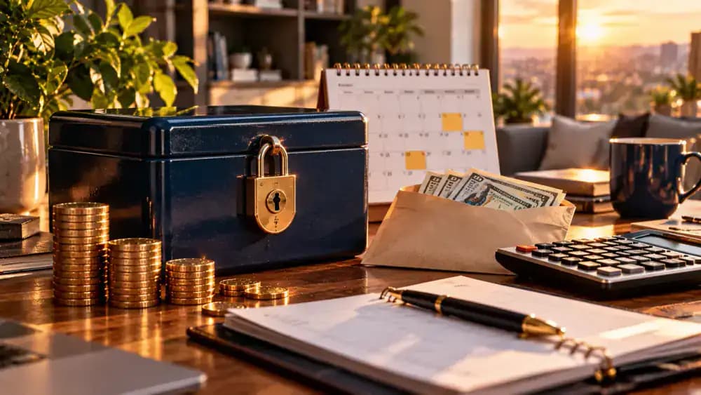 Locked retirement savings box beside a calendar and an emergency expense envelope.