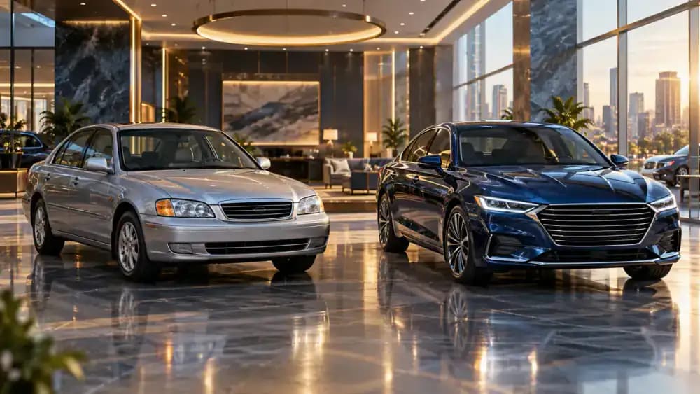 Older sedan parked beside a brand-new sedan inside a contemporary automobile showroom.
